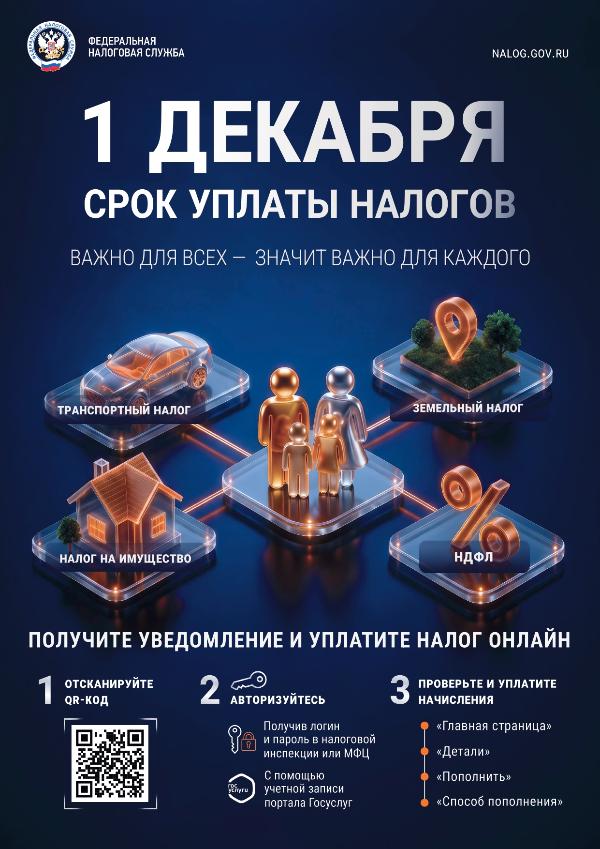 Имущественные налоги физических лиц за 2025 год необходимо оплатить не позднее 1 декабря 2026 года